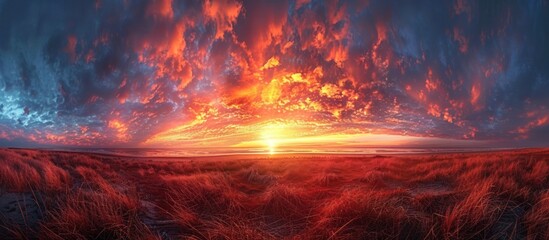 Wall Mural - Fiery Sunset Over Coastal Grasslands