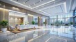 © BrilliantPixels - Modern Office Lobby with White Reception Desk and City View, office lobby, reception desk, interior design, modern architecture