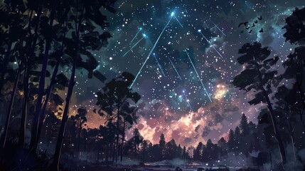Wall Mural - meteor shower over a dense forest