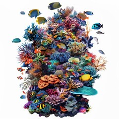 Wall Mural - vibrant underwater scene featuring intricate coral reef ecosystem teeming with colorful fish and marine life isolated on pure white background