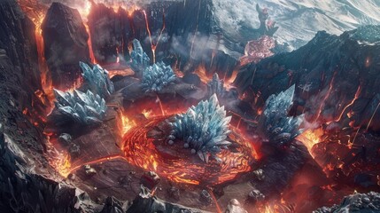 Wall Mural - an epic clash between titanic golems of crystal and magma within a volcanic crater surrounded by gey