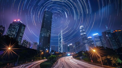 Wall Mural - star trails in the sky above a modern city