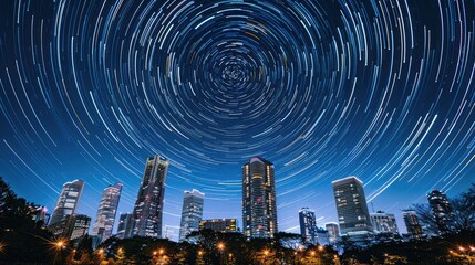 Wall Mural - star trails in the sky above a modern city