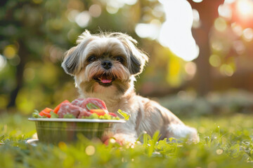 Wall Mural - A playful Shih-Tzu dog with a bowl of healthy food, featuring a mix of vegetables and meat