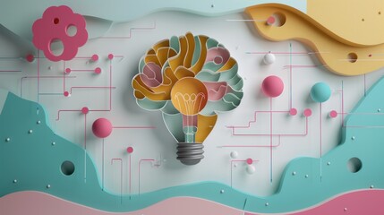 Wall Mural - Paper cutout brain with interconnected circuits, light bulb, human intellect, technology, white background, colorful accents.