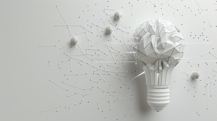 Wall Mural - Minimalist paper art light bulb with digital lines, brain inside, birth of ideas, technological innovation, white background.