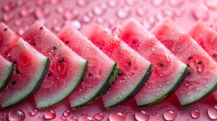 Sticker - Close Up of Sliced Watermelon With Water Droplets on a Pink Surface