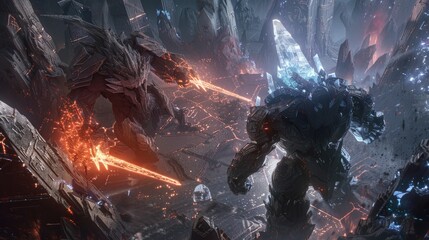 Wall Mural - an epic confrontation between titanic golems of crystal and shadow within a labyrinth of ancient, gl