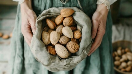 Poster -   A close-up of a person clutching a cloth sack filled with nuts, with a nearby bowl of nuts in the background