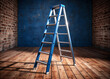 © Adisorn - A highly detailed 3D rendering of a realistic fiberglass ladder standing upright on a rustic wooden floor with subtle shadows and reflections.