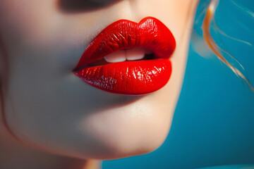 Wall Mural - Close up of woman's mouth with bright red lipstick