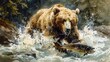 © LuvTK - A watercolor painting of a bear catching a salmon in a turbulent river, with the water creating dramatic splashes and the bear's fur glistening with droplets.