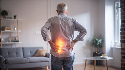 A senior man with back pain, glowing hip and lower spine in the background of his home interior, with a blurred light blurring effect.