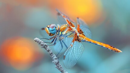 Vibrant Dragonfly Perched on Stick in Summer Nature Closeup