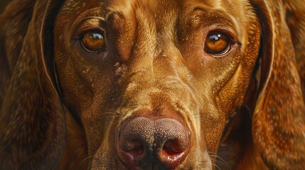 Poster -   A photo of a brown dog with a somber expression and a slightly droopy nose