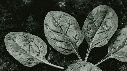 Sticker -   Black & white photo of leafy plant with droplets on leaves