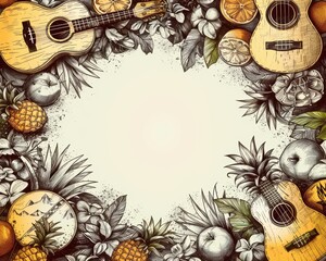 Tropical Music Festival Border with Guitars and Exotic Fruits, Including Pineapples and Citrus, on a Blank Vintage Background