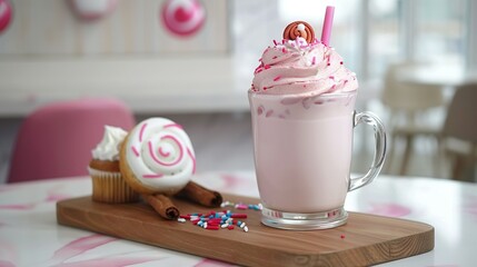 Poster -   A cup of milkshake beside a cupcake on a wooden platter on a pink and white tablecloth