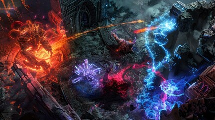 Wall Mural - an epic confrontation between titanic golems of crystal and shadow within a labyrinth of ancient, gl