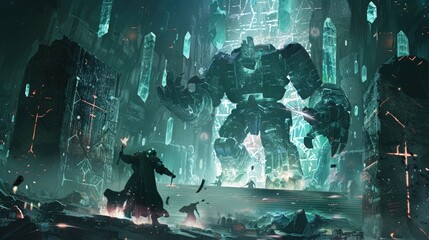 Wall Mural - An epic confrontation between titanic golems of crystal and shadow within a labyrinth of ancient, glowing runes.