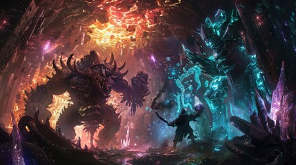 Wall Mural - an epic confrontation between titanic golems of crystal and shadow within a labyrinth of ancient, gl