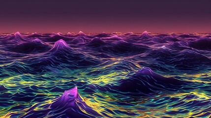 Wall Mural - a digital depiction of a mountain range amidst a sea of undulating violet and gold contours, set aga