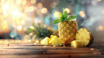 Wall Mural - Fresh pineapple on table in plantation farm