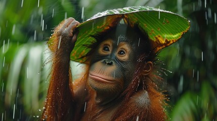 Poster -  Monkey with hat and banana in the rain