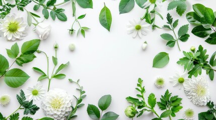 Poster - White Flowers and Green Leaves on White Background