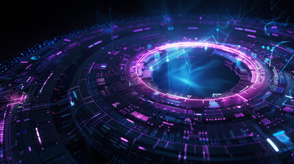 Wall Mural - digital blue and purple tech circle on dark background. science, universe, futuristic digital techno