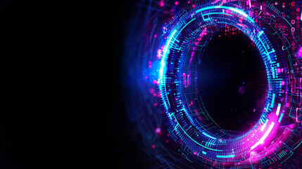 Wall Mural - digital blue and purple tech circle on dark background, copy space. science, universe, futuristic di