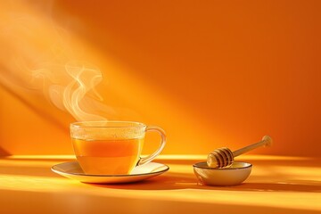 Wall Mural - A cup of tea sits on a saucer next to a jar of honey