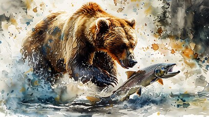 a watercolor painting of a powerful bear catching a salmon in a rushing river, with the water splash