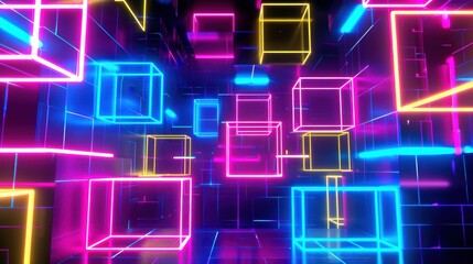 Wall Mural - Neon Cube Abstract Light Design. A vibrant and futuristic composition featuring neon-lit cubes in a geometric pattern.