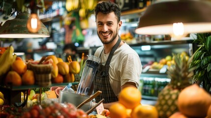 Wall Mural - A worker making fresh fruit juice drink in a fruit drink store