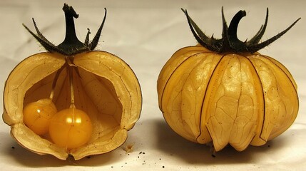 Poster -   A pair of fruits resting atop a white countertop beside a white-covered table