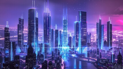 Poster - A futuristic skyline with digitally enhanced skyscrapers and neon lights, symbolizing technological advancement