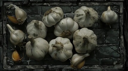   A cluster of garlics perched atop a brick wall alongside a heap of garlic bulbs