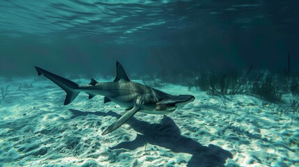 Wall Mural - A great hammerhead shark swimming near the ocean floor, distinctive hammer-shaped head