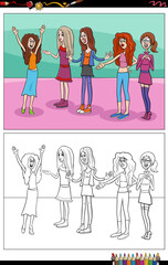 Wall Mural - cartoon young women characters group coloring page