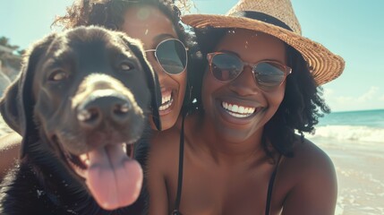 Wall Mural - authentic portrait of young black women resting on beach with dog, bold positive emotions, owner with cute pet outdoors, intense expression, grained photo in 90s style, AI generated