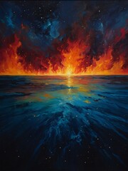 Wall Mural - Abstract oil painting of fiery flames under a starry night sky. Cosmic backdrop in vibrant colors