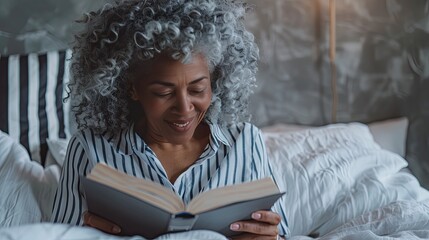 Poster - Senior black woman reading and laying in her bed, happy bold and bright expression, positive emotions, elevated morning routine, soft warm photo 90s style, AI generated image