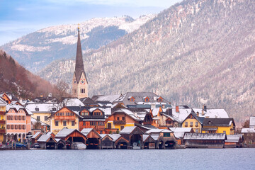 Wall Mural - View of the famous Austrian village Hallstatt with Lake Hallstatter and snow-capped mountains in the background, Austria