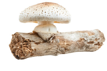 Wall Mural - White champignon mushroom on a weathered snag, separated on a pristine white background, showcasing its natural form and intricate details