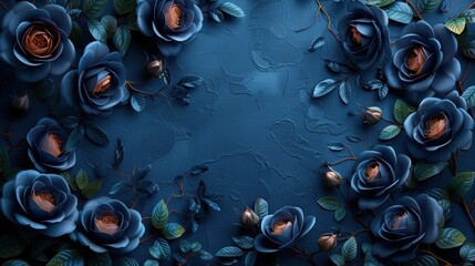 navy blue roses bloom on a textured blue background