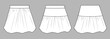 © Yulish - Vector mini bubble hem skirt fashion CAD, wrapped woman skirt with frill detail sketch, template, flat, technical drawing. Jersey or woven fabric 3 pcs set of skirt with front, back view, white color