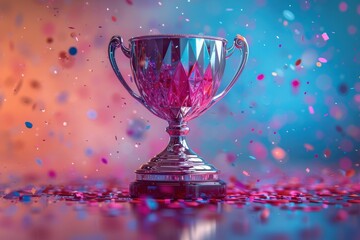 The shimmering silver trophy cup on a reflective surface amidst vibrant confetti and bokeh background, celebrating achievement and victorytrophy