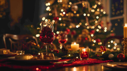 Poster - Merry Christmas! Happy family celebrating together with a festive dinner at home, gathered near a beautifully decorated Christmas tree 