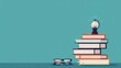 © Kin no Hikari - Stack of books with a lightbulb on top, symbolizing knowledge and ideas. Pair of eyeglasses placed beside. Turquoise background.